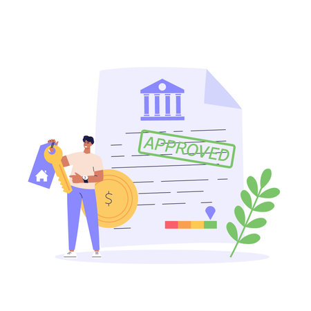 Person checking and improving a credit score report. Gauge scale rating. Concept of credit banking, loan rating, mortgage approval, payment history. Clients improve credit score. Vector illustrationのイラスト素材