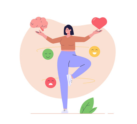 Woman managing and improving emotional intelligence. Self control feeling, balance of emotions and brain. Concept of personal soft skills, mental health, self regulation. Vector illustrationのイラスト素材