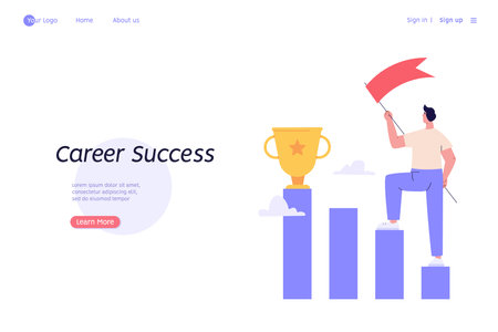 Best employee with winner cup. Concept of career success, motivation, achieving goals. Reward program and receiving rewards. People earn reward loyalty, bonus, business award. Vector flat designのイラスト素材
