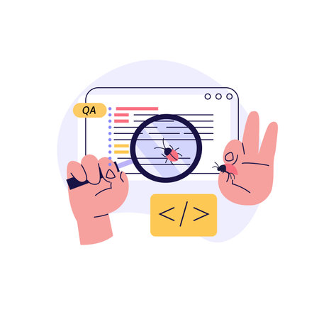 Software testing illustration. Coders working with code testing and debugging, searching bugs. Concept of software testing, bug report, quality assurance, fixing program code. Vector flat designのイラスト素材