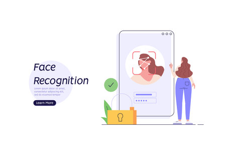Woman standing with a phone, identifies a face. Concept of facial recognition, face ID system, biometric identification. Vector Illustration in flat design for mobile appのイラスト素材