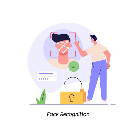 Man standing with a phone, identifies a face. Concept of facial recognition, face ID system, biometric identification. Vector Illustration in flat design for mobile appのイラスト素材