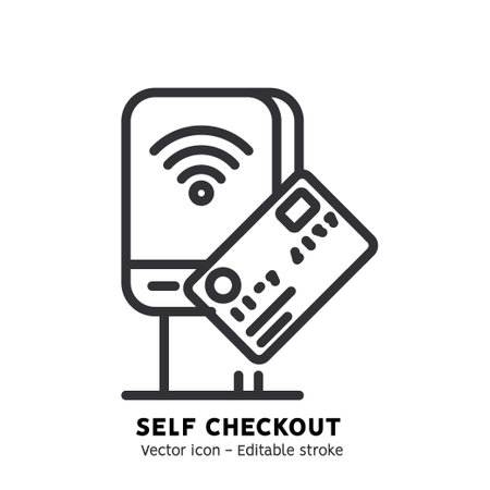 Self-service checkout line icon. Supermarket, grocery store with automated self-checkout terminal. Contactless payment, cashless paying, checkout self service flat outline icon. Editable strokeのイラスト素材