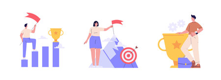Best employee with winner cup. Set of career success, target, achieving goals. Reward program and receiving rewards. People earn reward loyalty, bonus, business award. Vector flat designのイラスト素材