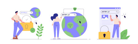 Using browser with https protocol illustration set. People searching website address with security. Collcetion concept of web protection, ssl certificate for web Design, UI, bannersのイラスト素材