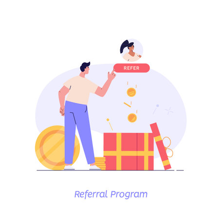 Refer a friend vector illustration concept. People attract customers for money and gifts. Referral and loyalty program and social media marketing for friends. Vector illustration in flat designのイラスト素材