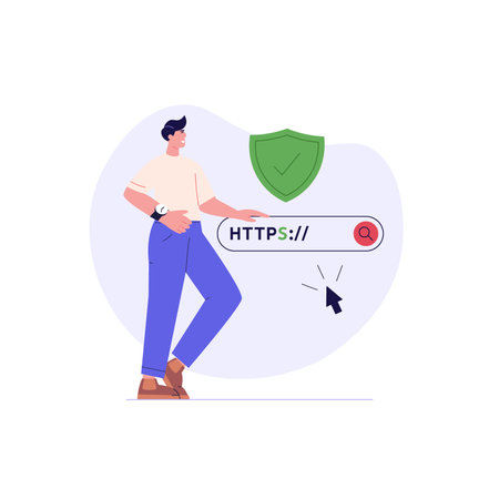 Using browser with https protocol illustration. People searching website address with security. Concept of web protection, ssl certificate for web Design, UI, bannersのイラスト素材
