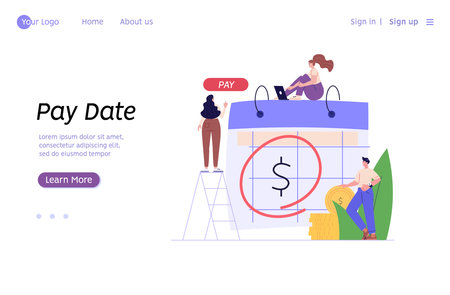 Person standing near to a calendar with pay date or tax declaration. Concept of payment date, finance calendar, financial report, pay day, business invoice. Vector illustration in flat designのイラスト素材