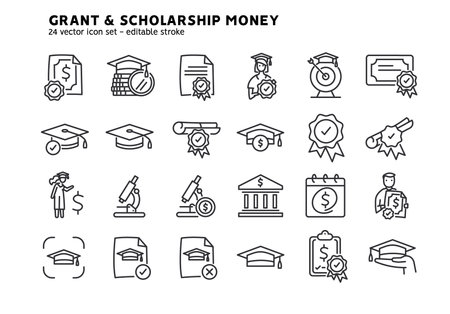 Taking grant or scholarship money icons set. Student pay education loan. Collection of grant certificate, university and college fee, study fund, scholarship money flat outline icons. Editable strokeのイラスト素材