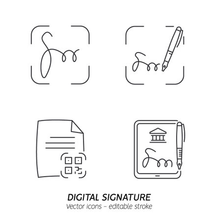Signing contract with digital pen on phone icons set. Digital signature, business contract, electronic collection, e-signature concept. Vector illustration flat outline icons. Editable strokeのイラスト素材