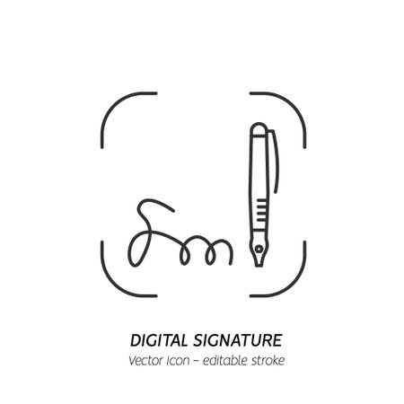 Signing contract with digital pen on phone icon. Digital signature, business contract, electronic contract, e-signature pictogram. Vector illustration flat outline icon. Editable strokeのイラスト素材