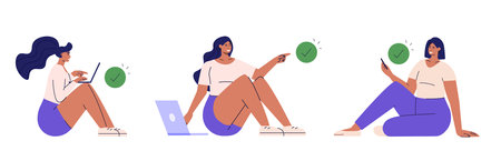 Payment Successful. Beautiful women paying successfully and safely. Online mobile payment and banking service. Set of payment approved, payment done. Vector illustration for web banner mobile appのイラスト素材