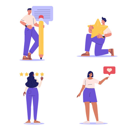 Survey Vector Illustration Set. People Giving Feedback, Choosing Answer, Making Decision and Research. Collection of Online Survey, Customer Review, Voting, Checklist, Client Feedback for Web Designのイラスト素材