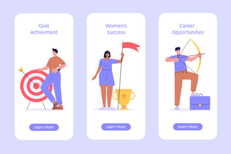 Best employee with winner cup. Set of career success, target, achieving goals. Reward program and receiving rewards. People earn reward loyalty, bonus, business award. Vector flat designのイラスト素材