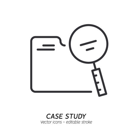 Studying information and facts single icon. Concept of case study, searching business information, analyze of product features vector flat outline icon. Editable strokeのイラスト素材