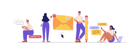 People using mobile phone and writing mail. Contact us banner. Concept of online support, customer support, email marketing. Vector illustration for UI, web banner, mobile appのイラスト素材