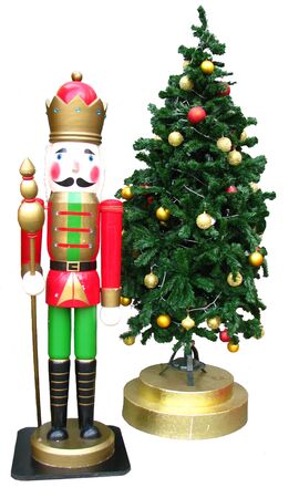 King toy and Christmas Tree with balls on white background 
