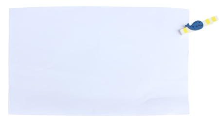 Blank paper and wood clip isolated on white backgroundの写真素材