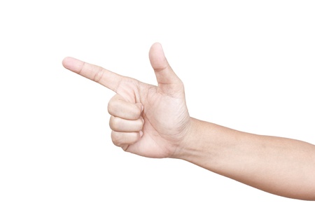 Woman hand pointing isolated on white backgroundの写真素材