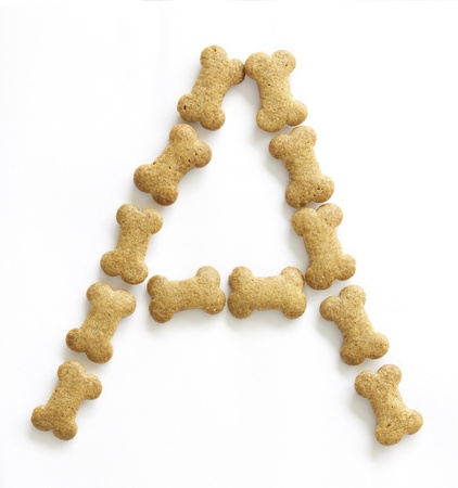 Letter A made of bone shaped dog food on white background, shot directly from aboveの写真素材