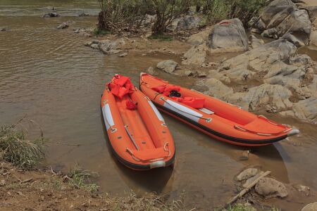 Rafting boats in riverの写真素材