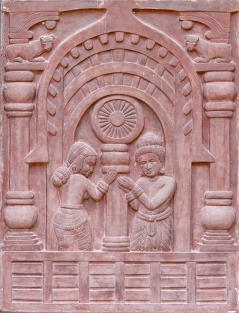 SURAT THANI, THAILAND - MARCH 17 : Ancient art on temple wall at Suanmokkh temple on March 17, 2012 in Surat Thani, Thailand.のeditorial素材