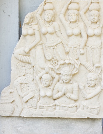 SURAT THANI, THAILAND - MARCH 17 : Ancient art on temple wall at Suanmokkh temple on March 17, 2012 in Surat Thani, Thailand.のeditorial素材