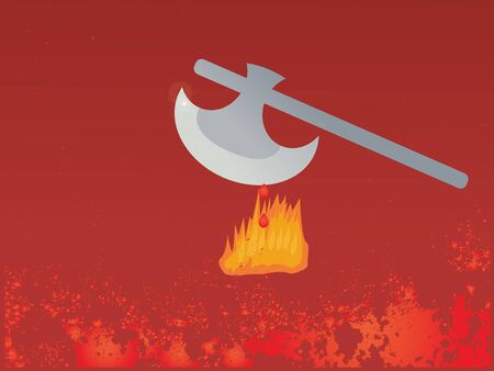 illustration of axe with fire and blood on red backgroundのイラスト素材