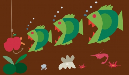 illustration of big fish eat little fish, hook and wormのイラスト素材