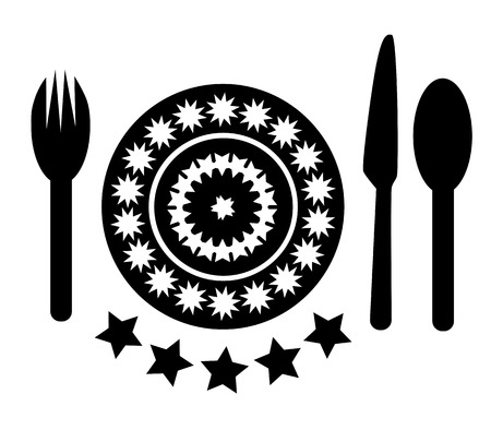 illustration of plate with cutlery, empty plate with spoon, knife and fork on a white backgroundのイラスト素材