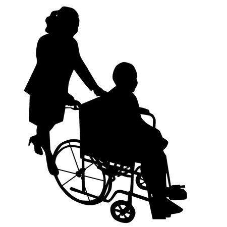 Silhouettes of woman in wheelchair with woman pushing herのイラスト素材