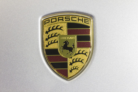 NONTHABURI, THAILAND - APRIL 2:Logos of  Porsche car is on display at the 35th Bangkok International...