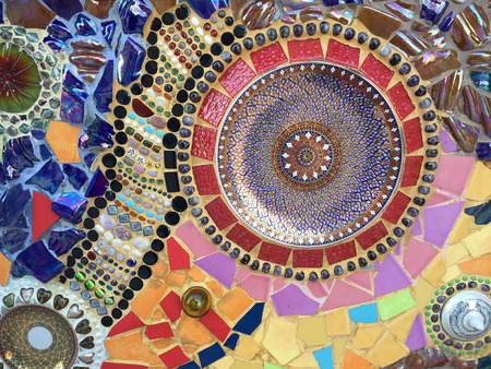 PHETCHABUN ,THAILAND - JANUARY 4 : Colorful ceramic pattern decoration with pebbles made from pebble and ceramic on the wall at Wat Phasornkaew on January 4, 2015 in Phetchabun, Thailand.のeditorial素材