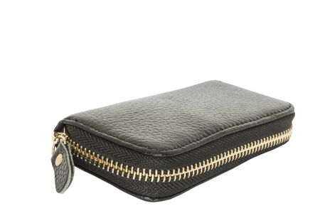 Black leather key pouch isolated on white backgroundの写真素材