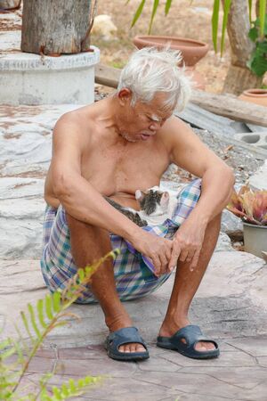 Asian old man sitting with catの写真素材