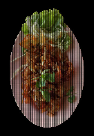 Vector illustration dot pixel of soft shell crab with garlic isolated on black background