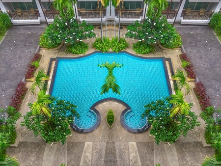Swimming pool and garden from aboveのeditorial素材