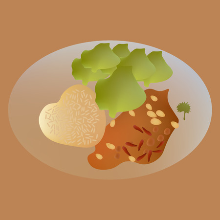 Vector illustration of rice with fried salmon fish and almond on dishのイラスト素材