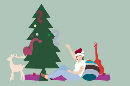 Vector illustration of happy woman posing with presents beside Christmas treeのイラスト素材