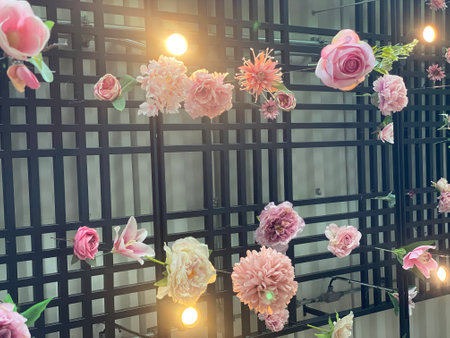 Flower garland on the ceiling in the restaurant, vintage toneの写真素材