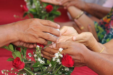 Close - up of hands of Thai pour water on elders' hands for blessings, Songkran Festivalの写真素材