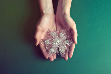 Christmas toy in beautiful hands on green background