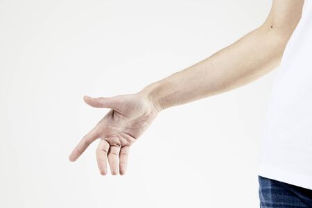 Man's hand isolated on white, open hand, thin fine fingers