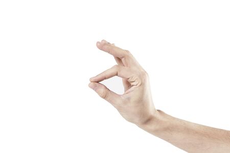 Man hand isolated on white backgrownd, pinching by fingersの写真素材