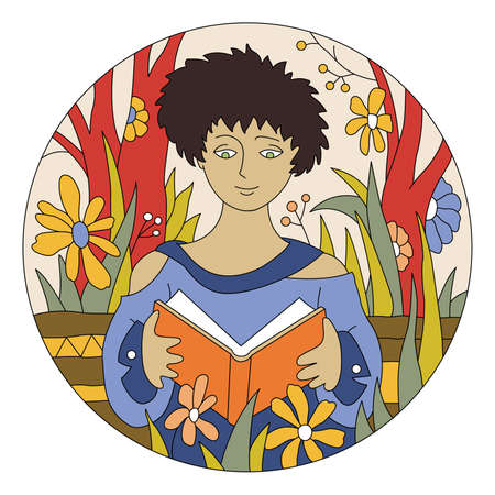girl reading a book among the flowersのイラスト素材