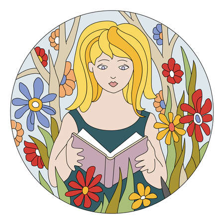girl reading a book among the flowersのイラスト素材