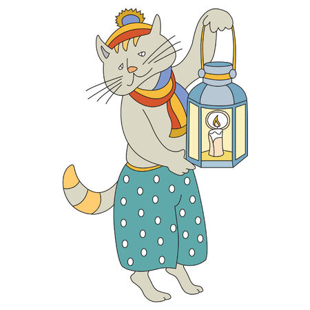 smartly dressed cat holding a lantern with a candleのイラスト素材
