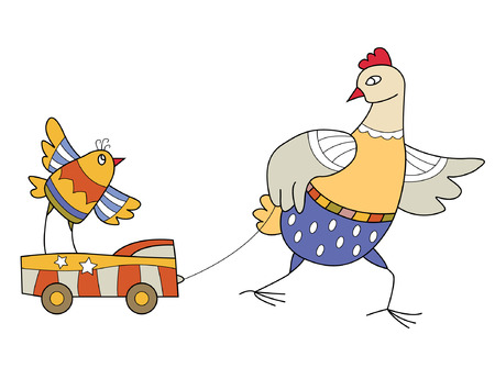 chick and chicken-parent play with a toy carのイラスト素材