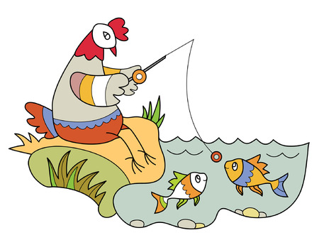 chicken sitting on shore trying to catch fish fishing with a fish-rodのイラスト素材