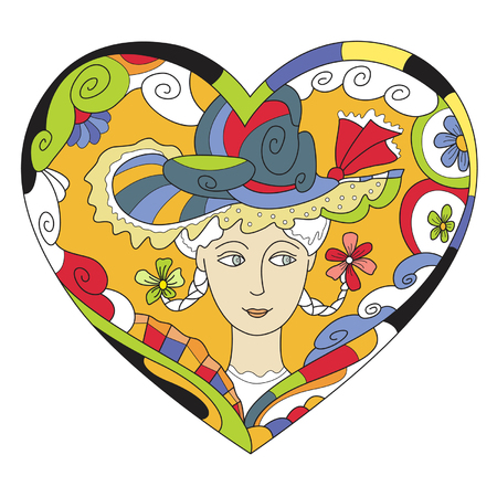 valentine postcard with a female head in a funny hatのイラスト素材